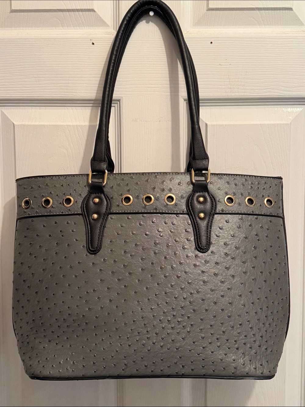 Grommet Detailed Grey Ostrich Embossed Tote Bag